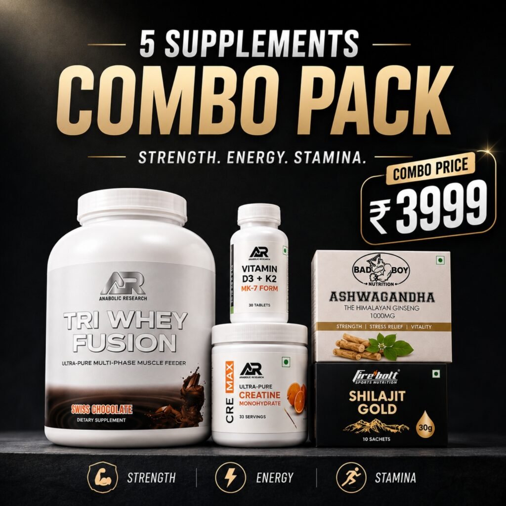 AR TRI Whey Fusion + AR Vitamin D3 + AR Creatine Monohydrate + Bad Boy Ashwagandha + Firebolt Shilajit (5 Supplements Combo Pack)