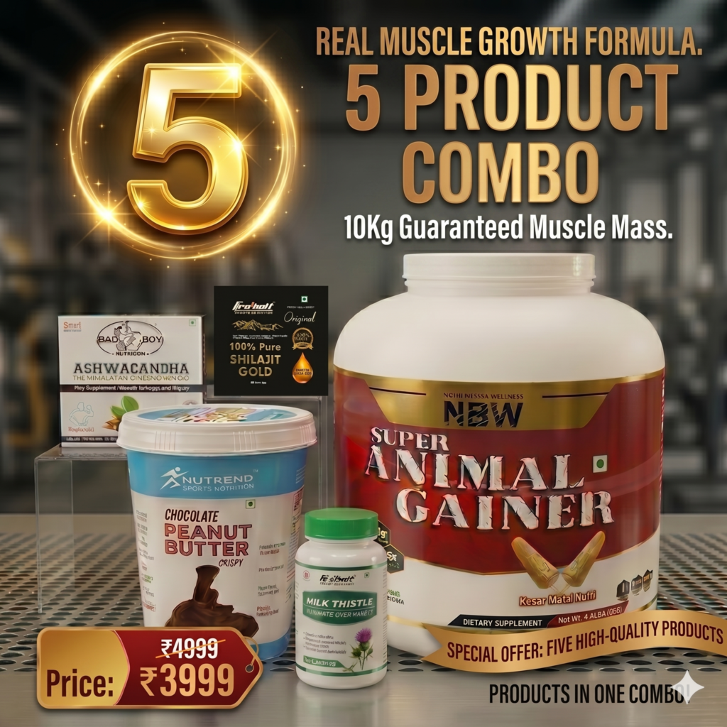 Real Muscle Growth Formula: 5-Product Ultimate Mass Gainer Combo (Super Animal Gainer + Chocolate Peanut Butter + Ashwagandha + Shilajit Gold + Milk Thistle)