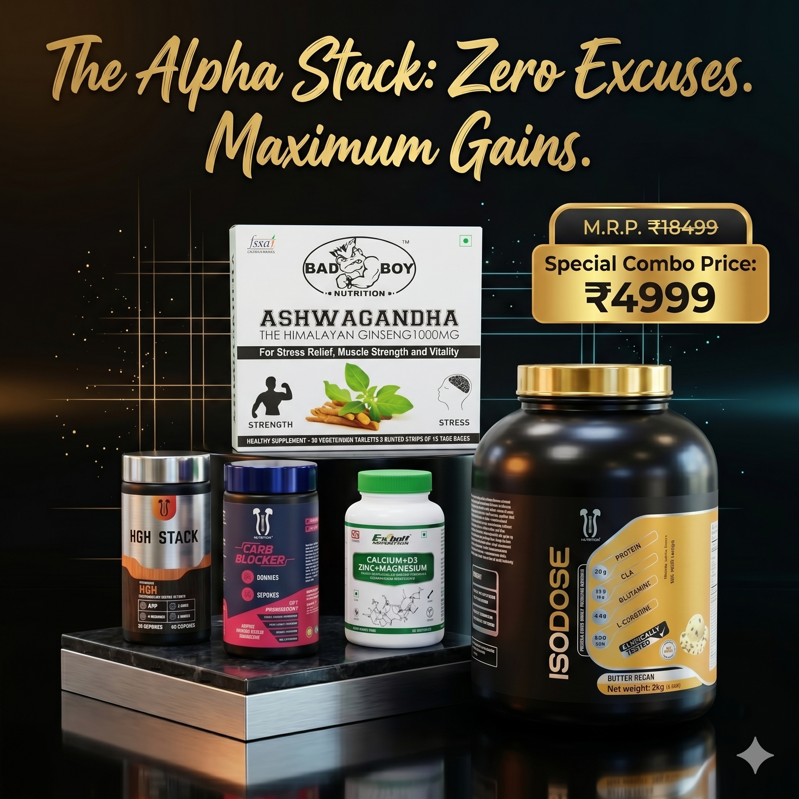 Anatomy Isodose Elite Alpha Stack (Isodose Isolate Whey Protein Butter Recan 2kg, HGH Stack, Carb Blocker, Bad Boy Ashwagandha 1000mg & Ekbolt Calcium+D3)