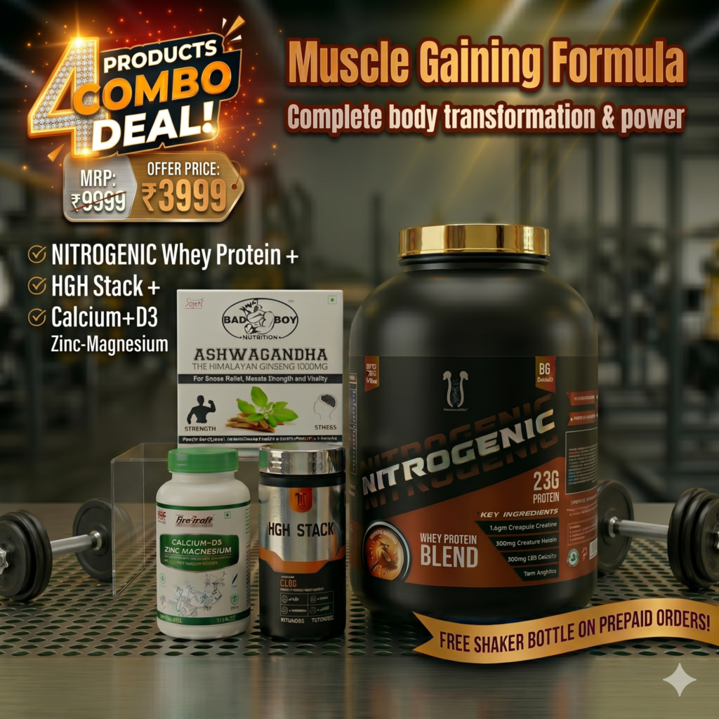 Muscle Gaining Formula: 4-Products Combo Deal (Nitrogenic Whey Protein + Ashwagandha + HGH Stack + Calcium-D3 Zinc-Magnesium)