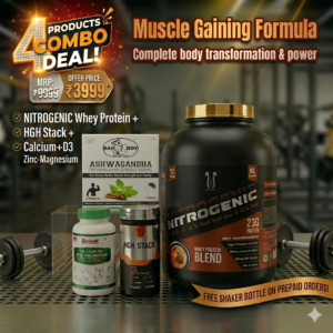 Muscle Gaining Formula: 4-Products Combo Deal (Nitrogenic Whey Protein + Ashwagandha + HGH Stack + Calcium-D3 Zinc-Magnesium)