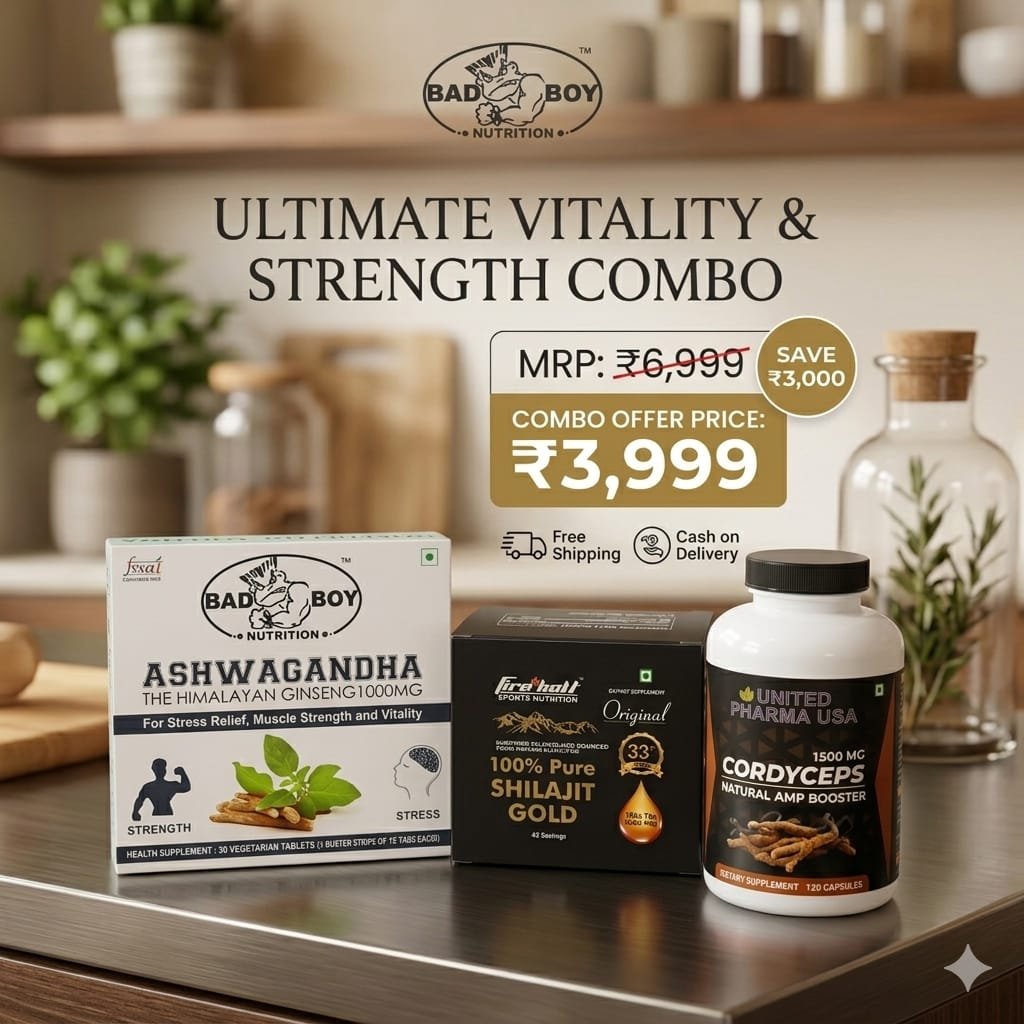 Ultimate Vitality & Strength Combo – Ashwagandha, 100% Pure Shilajit Gold, & Cordyceps(कीड़ा जड़ी) (3-in-1 Supplement Stack)