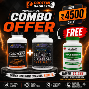 Protein Basket Ultimate Performance Combo – United Pharma Cordyceps (1500mg) + Black Cobra Test Gold (120 Capsules) with FREE Firebolt Triple Ginseng with Ashwagandha