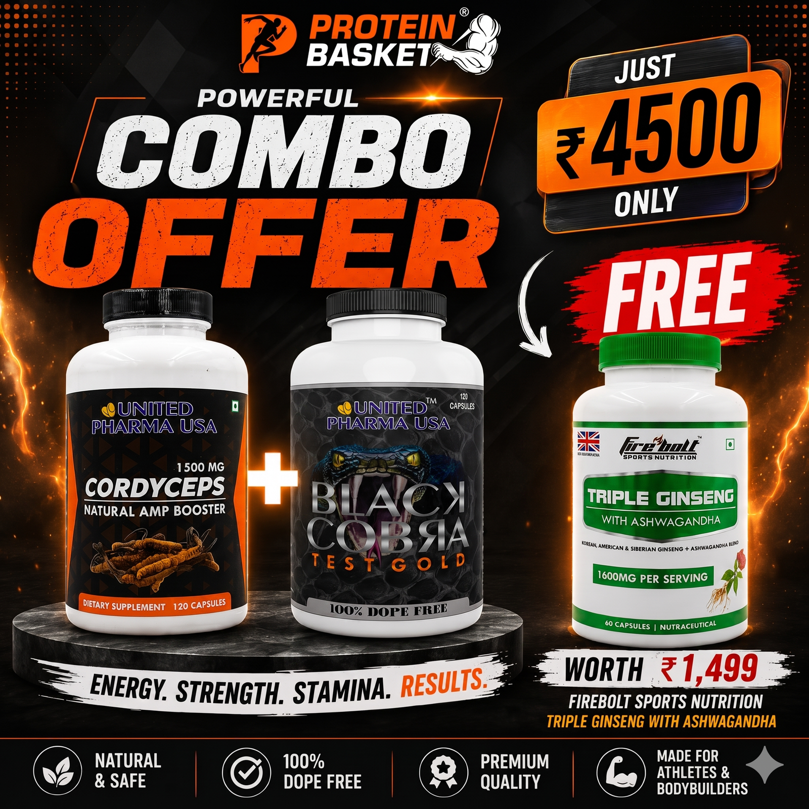 Protein Basket Ultimate Performance Combo – United Pharma Cordyceps (1500mg) + Black Cobra Test Gold (120 Capsules) with FREE Firebolt Triple Ginseng with Ashwagandha