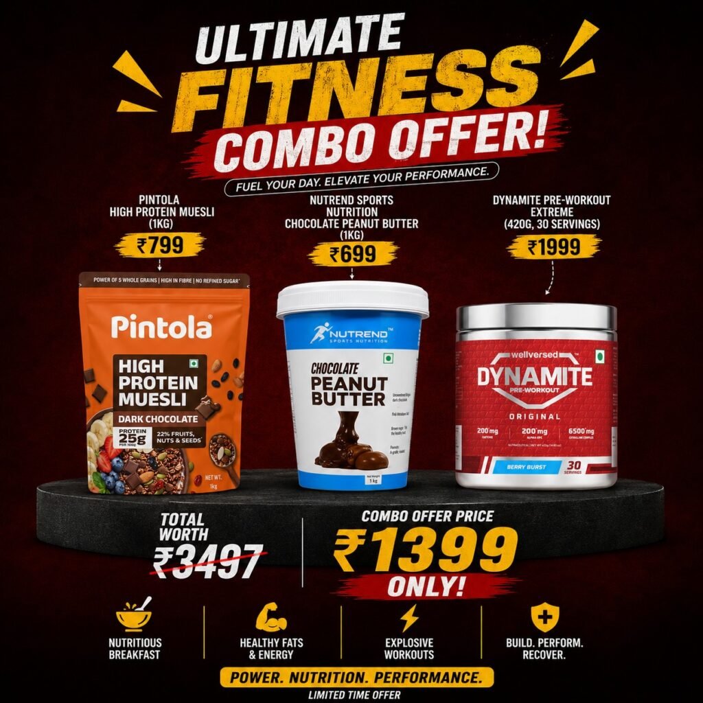 Power Combo – Pintola High Protein Muesli (1kg) + Nutrend Chocolate Peanut Butter (1kg) + Dynamite Pre-Workout Extreme