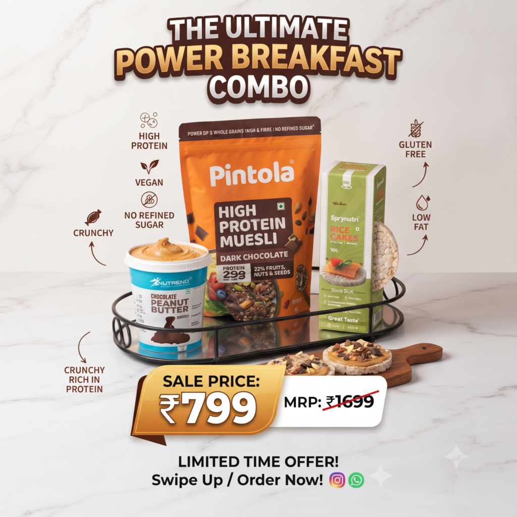 The Ultimate Power Breakfast Combo | Pintola High Protein Muesli, Nutrend Chocolate Peanut Butter & Sprynutri Rice Cakes