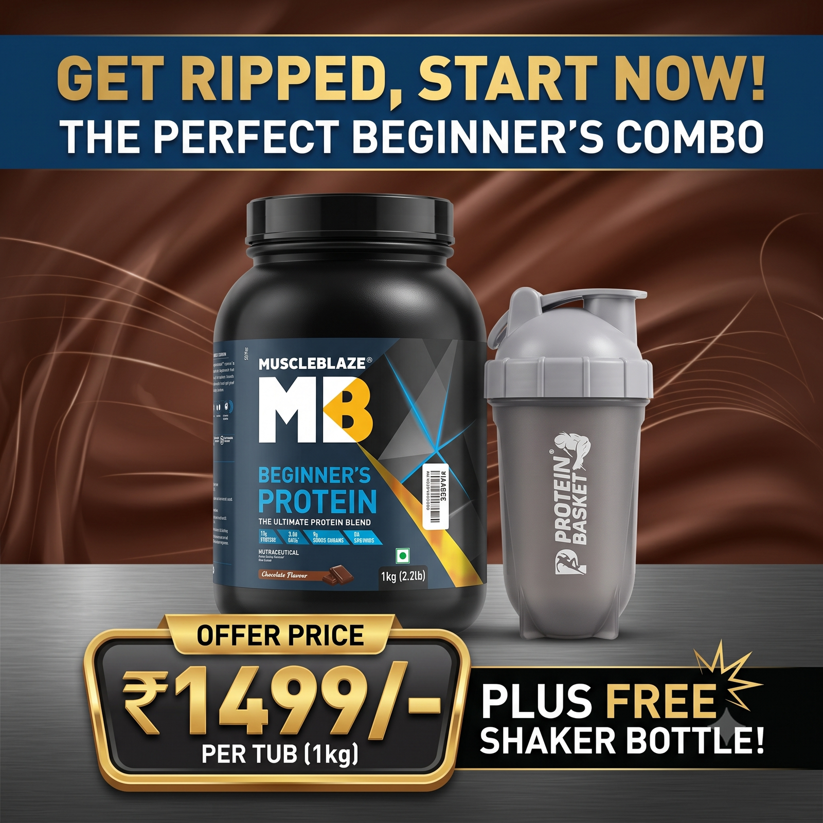 MuscleBlaze Beginner’s Protein (1kg / 2.2 lb, Chocolate) + Free Shaker Bottle Combo