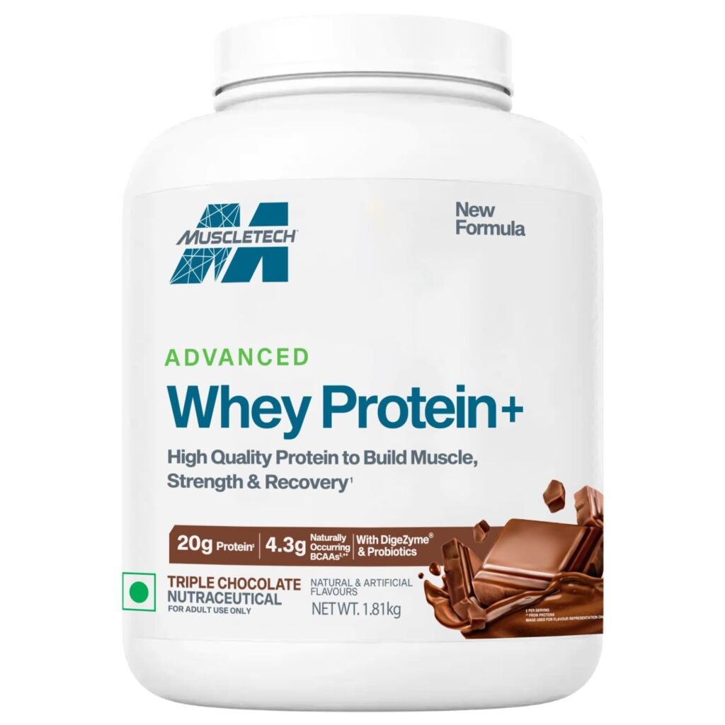 MuscleTech Advanced Whey Protein+ | 20 g Protein & 4.3 g BCAAs Per Serving | With DigeZyme® & Probiotics | Supports Muscle, Strength & Recovery | Triple Chocolate | 1.81 kg